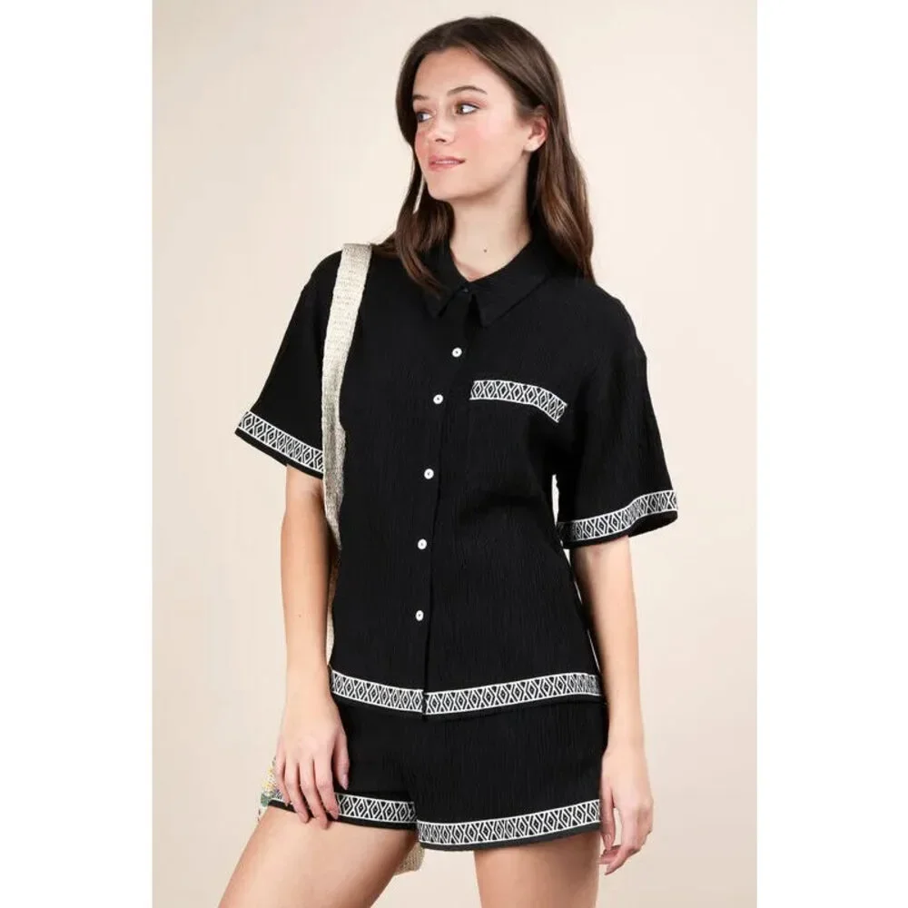 VERY J Crinkled Woven Shirt Top & Shorts Set